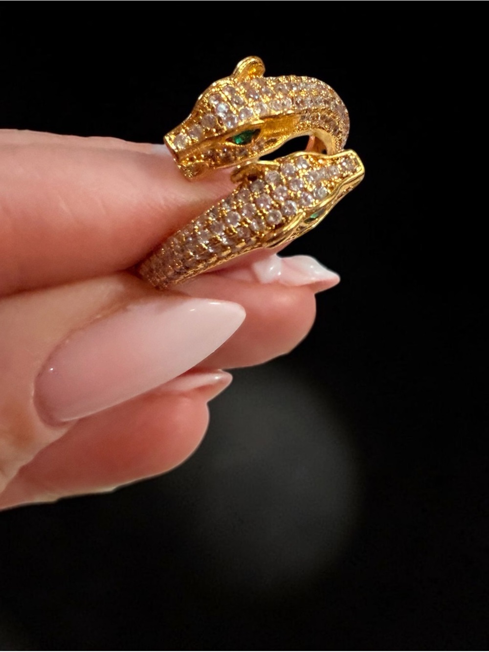 Gold Serpent Double-Head Ring with Green Eyes | size 8